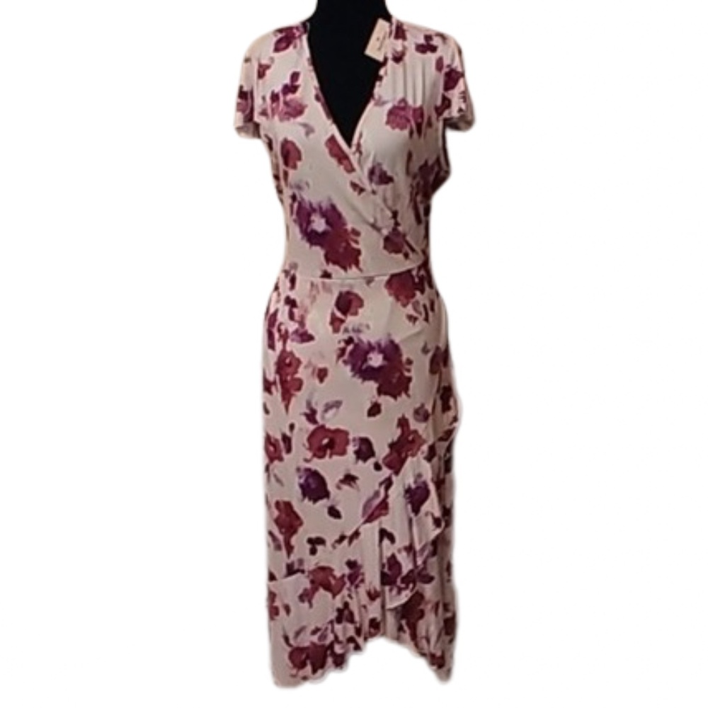 JUICY COUTURE Dress Pink Floral Faux-Wrap Jersey V-Neck Ruffled High-Low Medium - Picture 2 of 10